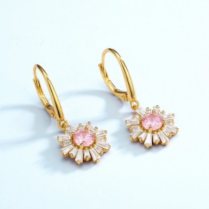 Trendy Jewelry Women’s Baguette Stone Flower Earrings France Lock Pink Color Cubic Zirconia Snowflake Dangle Earrings