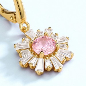 Trendy Jewelry Women’s Baguette Stone Flower Earrings France Lock Pink Color Cubic Zirconia Snowflake Dangle Earrings