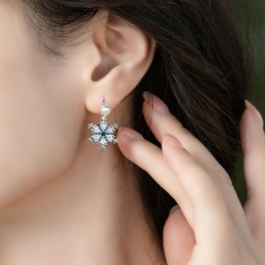 Christmas Jewelry 925 Sterling Silver Shell Pearl Stud Earring With Cubic Zircon And Blue Spinel Snowflake Drop Earrings