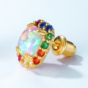 Fancy Bling Rainbow Colorful CZ Cute Stud Hypoallergenic Earrings 925 Sterling Silver Birthstone Synthetic Opal Stud Earrings