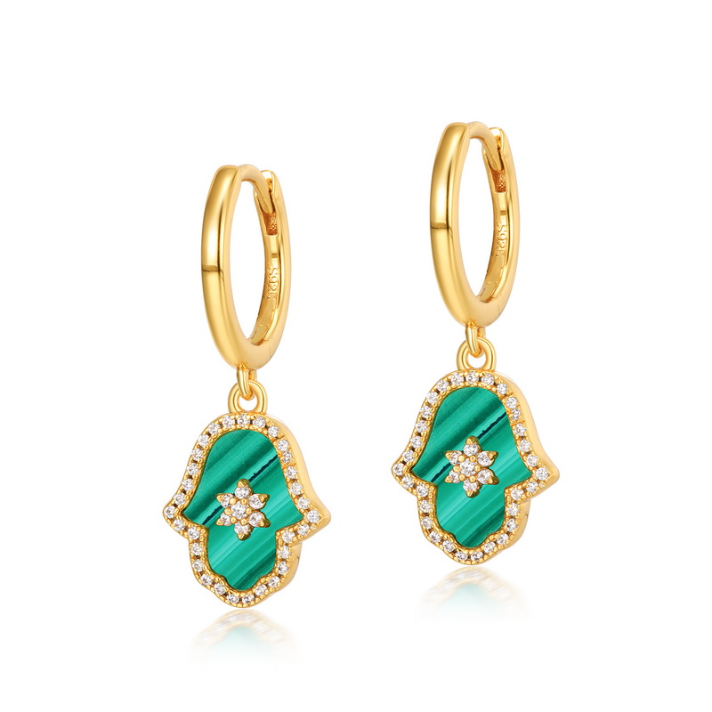 Dainty Sterling Silver Cubic Zirconia And Malachite Hamsa Hand Of Fatima Drop Earrings Featured Image
