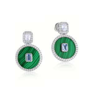Luxury 925 Sterling Silver Green Malachite And Cubic Zirconia Handging Earrings