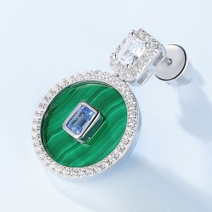 Luxury 925 Sterling Silver Green Malachite And Cubic Zirconia Handging Earrings