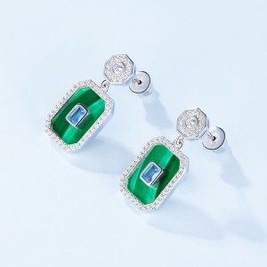 Fashion Elegant Real Silver Cubic Zirconia Rectangle Malachite Drop Earrings For Women
