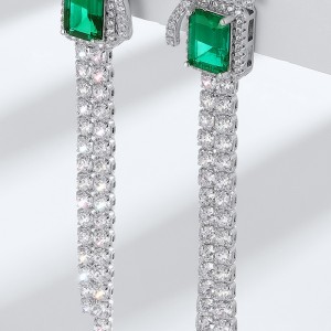 Luxurious And Elegant 925 Silver Bling Zircon Long Chain Dangle Earring Stylish Lab Grown Emeralds Dangle Drop Earrings