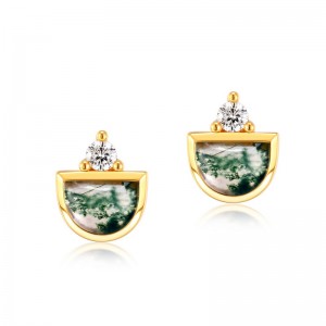 Wholesale Sterling Silver Gold Plated Geometric Cubic Zircon And Green Moss Agate Stud Earring