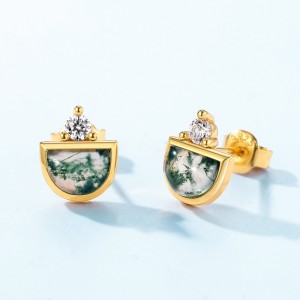 Wholesale Sterling Silver Gold Plated Geometric Cubic Zircon And Green Moss Agate Stud Earring