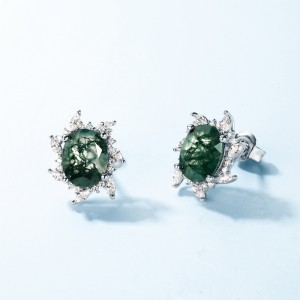 Trendy Sterling Silver White Gold Plated Women’s Earring Jewelry Cubic Zirconia Sun Flower Natural Moss Agate Earring