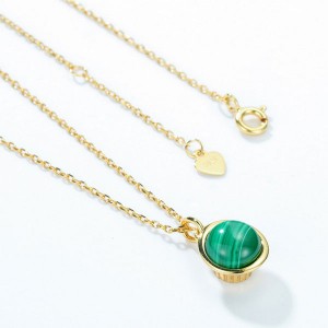 Fashion Silver Jewelry Ladies Gemstone Pendant Necklace 14k Gold Plated Round Malachite Necklace Wholesale