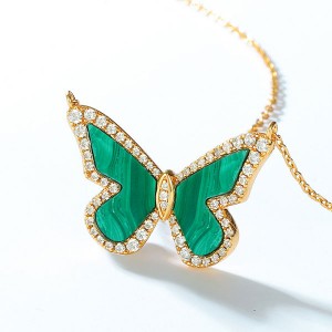 Lovely Ladies Jewelry Necklace Malachite Women Daily Wear 14k Gold Plated Gemstone Butterfly Necklace For Party