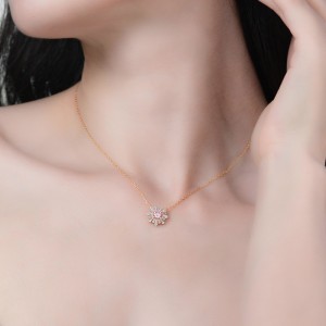 Gold Plated Silver Sunshine Pink Crystal Necklace Shiny Baguette Cubic Zirconia Snowflake Pendant Necklace Christmas Gift