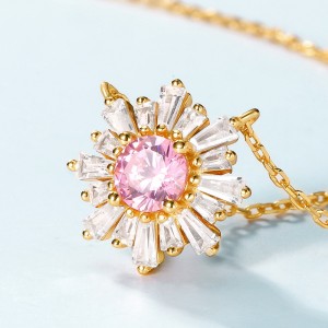 Gold Plated Silver Sunshine Pink Crystal Necklace Shiny Baguette Cubic Zirconia Snowflake Pendant Necklace Christmas Gift