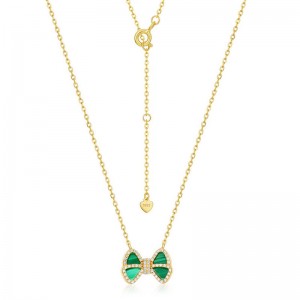 Cute Girl Bow-Knot Gemstone Necklace New Arrival Gold Plated Malachite 925 Silver Bow Necklace