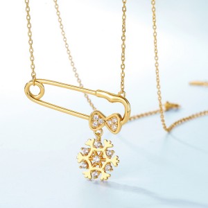 Gold Vermeil Silver 925 Cubic Zirconia Paper Clip And Hanging Snowflake Pendant Necklace Romantic Jewelry Gift For Christmas