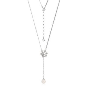 Winter Christmas Jewelry Sterling Silver Pearl Pendant Sweater Necklace Shiny Cubic Zirconia Tassel Snowflake Pendant Necklace