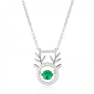 Dainty Jewelry S925 Sterling Silver Cubic Zircon Cute Elk Pendant Bling Lab Made Emerald Pendant Necklace