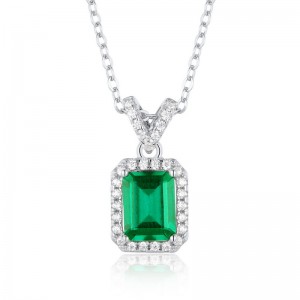Classic Sterling Silver Rectangle Green Gemstone Pendant Cubic Zirconia Iced Out Square Lab Grown Emeralds Pendant Necklace