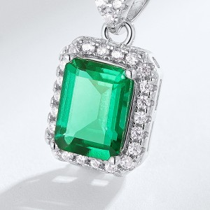 Classic Sterling Silver Rectangle Green Gemstone Pendant Cubic Zirconia Iced Out Square Lab Grown Emeralds Pendant Necklace