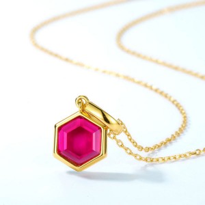 Elegant Ladies Jewelry Gold Plating Hexahedron Red Corundum Pendant 925 Silver Hexagon Gemstone Pendant
