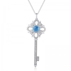 Dainty Sterling Silver Cubic Zirconia CZ Bling Iced Out Key Pendants Color Lab Grown Diamonds Key Pendant Necklace