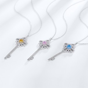 Dainty Sterling Silver Cubic Zirconia CZ Bling Iced Out Key Pendants Color Lab Grown Diamonds Key Pendant Necklace