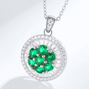 925 Sterling Silver Green Gemstone With 3A Zircon Flower Pendant Bling Shiny Lab Made Pendant Necklace
