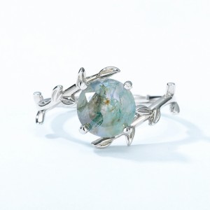 Classic Design Rhodium Plated Leaf branch Ring Round Natural Moss Agate Engagement Solitaire Ring Jewelry