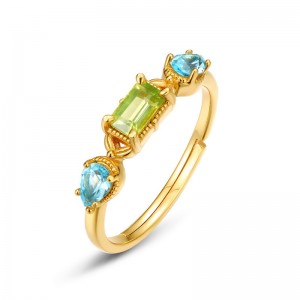 Wholesale Gold Plated 925 Sterling Silver Minimalist Adjustable Birthstone Ring Petite Natural Peridot and Swiss Blue Topaz Ring