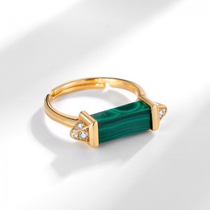 Wholesale Gemstone 925 Sterling Silver Hexagon Crystals Open Ring 18K Gold Plated Zircon And Natural Malachite Ring