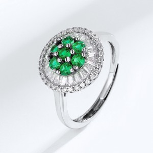 Luxury Fashion Silver 925 Cubic Zircon Openning Ring Baguette Stone Flower Clusters Gemstone Emerald Rings