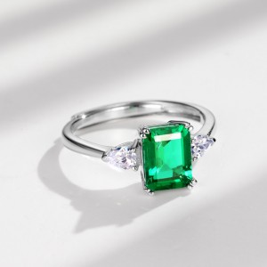 Fine Jewelry Silver 925 Created Gemstone Green Emerald Ring Rectangle Shape Lab Grown Emeralds Wedding Engagement Fine Jewelry