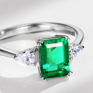 Fine Jewelry Silver 925 Created Gemstone Green Emerald Ring Rectangle Shape Lab Grown Emeralds Wedding Engagement Fine Jewelry