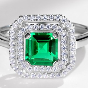 Minimalist 925 Sterling Silver Cubic Zirconia Adjustable Ring Square Emerald Cut Created Green Emeralds Open Ring Jewelry