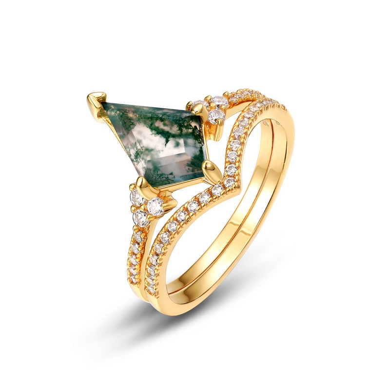 Sterling Silver Gold Filled Rhombus Shape Retro Green Gemstone Cubic Zirconia And Moss Agate Ring Set Featured Image