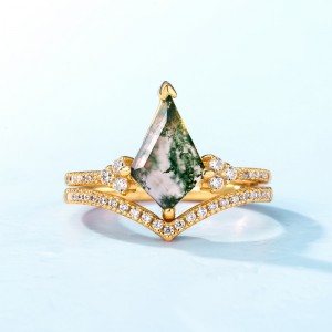 Sterling Silver Gold Filled Rhombus Shape Retro Green Gemstone Cubic Zirconia And Moss Agate Ring Set