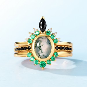 Fine Jewelry Silver 925 Cubic Zircon And Nano Stone Ring Vermeil Gold Unique Aquatic Green Moss Agate Ring Set