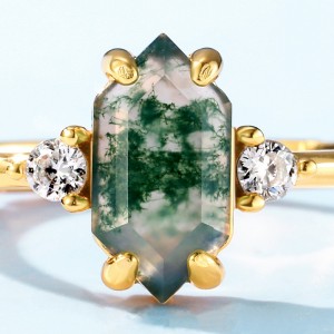 Wholesale 925 Silver Jewelry Retro Gemstone Ring Gold Plated Hexagon Shape Natural Green Moss Agate Ring