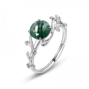 Statement Round Shaped Retro Green Gemstone Branch Ring Minimalist Moss Agate Adjustable Ring For Women