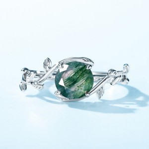 Statement Round Shaped Retro Green Gemstone Branch Ring Minimalist Moss Agate Adjustable Ring For Women