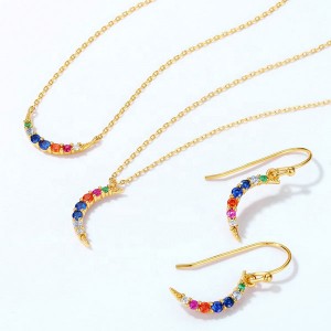 925 Sterling Silver Moon Earrings Necklace Rainbow Color Zircon Jewelry Set For Women