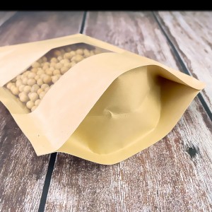 Environmentally Friendly Brown Kraft Paper Ziplock Bags Stand Up Food Pouch With Glossy Window