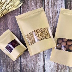 Environmentally Friendly Brown Kraft Paper Ziplock Bags Stand Up Food Pouch With Glossy Window