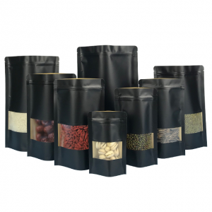 Stand Up Kraft Paper Bag Black Color With Window In Stock