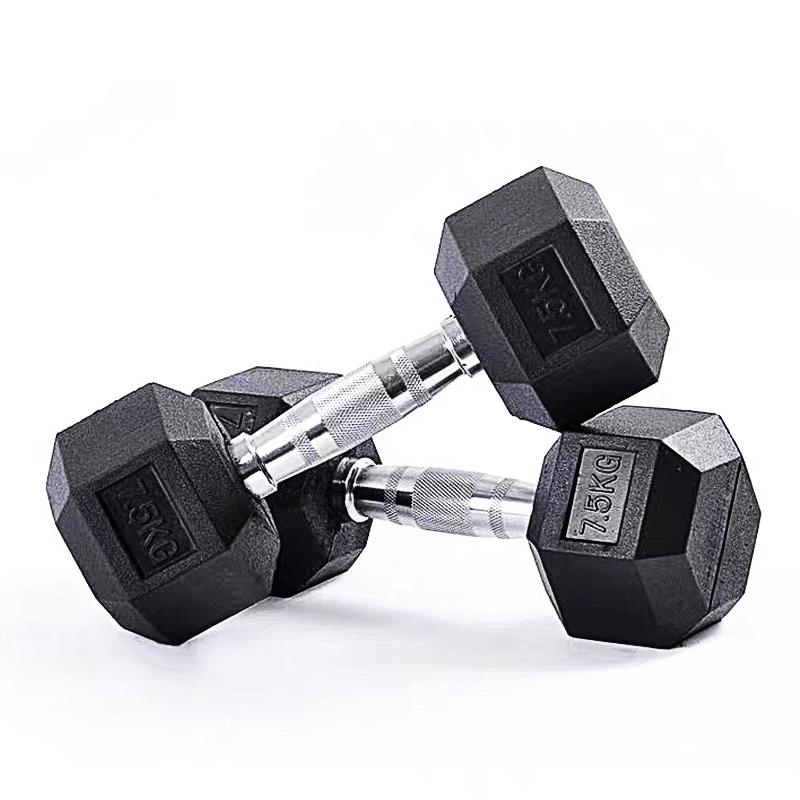 Hex rubber coated cast iron dumbbell