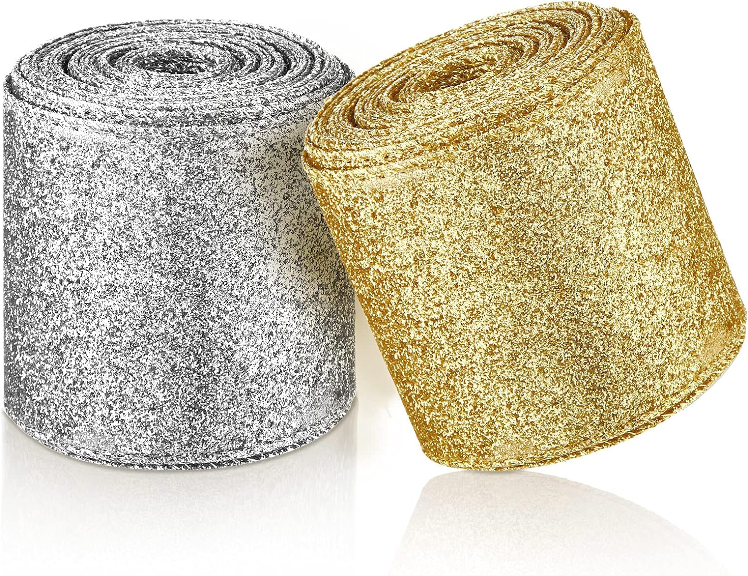 LEMO Metallic Glitter Ribbon Wired Edge Decorative Fabric Ribbons for Party Wrapping Home Decorations Wedding Birthday DIY Crafts 2.5 Inch (Gold, Silver)