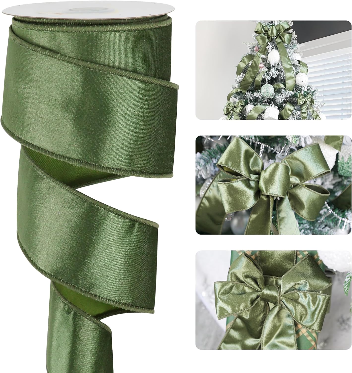 LEMO Green Velvet Ribbon Wired 2-12 inch for Christmas Tree, Large Bows, Wreaths, Gift Wrapping, Garland, Home Decor, Crafts-Continuous Roll