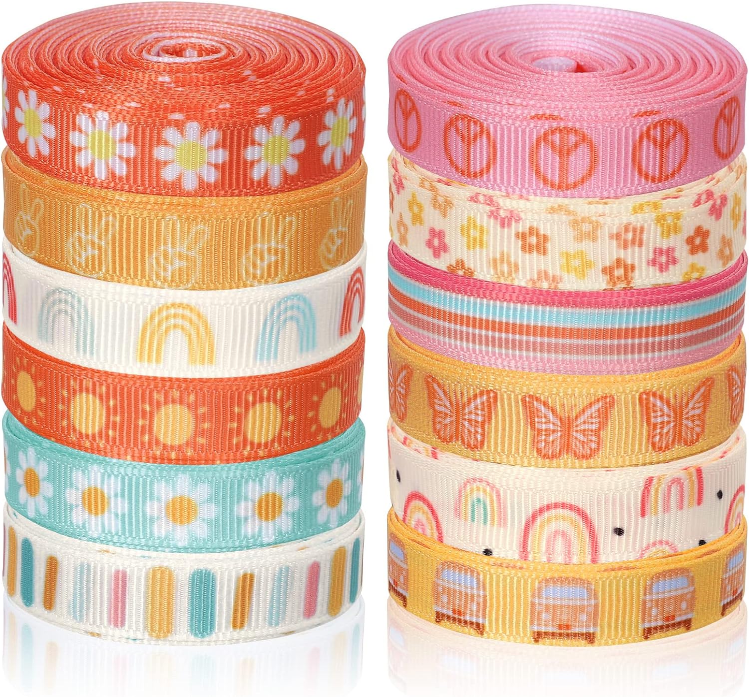 LEMO Rainbow Butterfly Daisy Flower Craft Ribbon Printed Grosgrain Fabric Ribbon for Wreath Bow Making DIY Crafts Wrapping