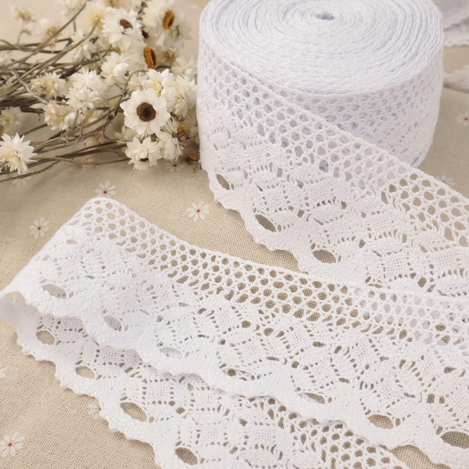 LEMO White Lace Cotton Lace Trim Crochet Sewing Lace for Crafts, Gift Package Wrapping, Bridal Wedding Decoration