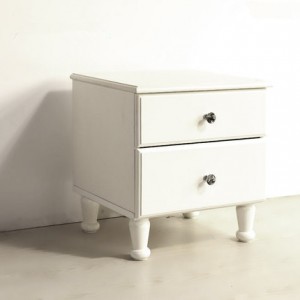 White bedside table, crystal handle, carved feet, silent drawer slide
