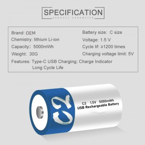 No.2 Rechargeable C Batteries 1.5V 5000mWh Rechargeable battery + usb-c cable